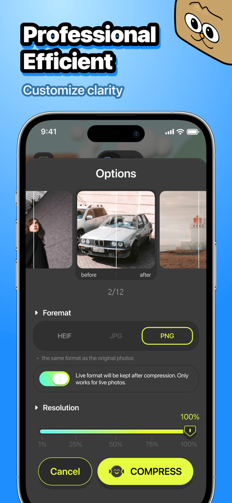 ZooZip App-Oberfläche mit Einstellungen zur Fotokomprimierung mit Formatauswahl und Auflösungsschieberegler