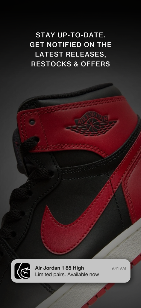 Notificación de la app Offspring mostrando una alerta de lanzamiento de zapatilla Air Jordan de edición limitada.