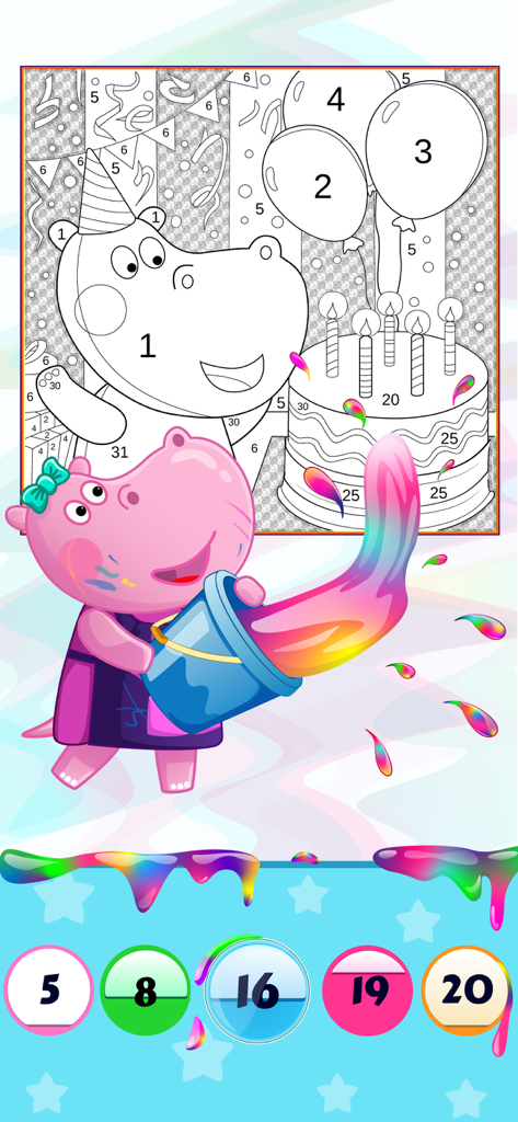 A pink hippo character splashing colorful paint onto a birthday party coloring page in a kids game.