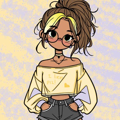 girl with a messy ponytail glasses a baggy crop top and jean shorts