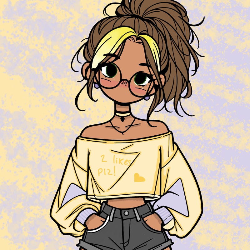 girl with a messy ponytail glasses a baggy crop top and jean shorts