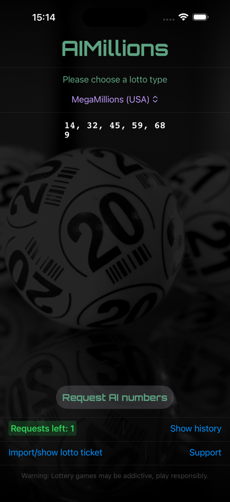 AIMillions - AIMillions app interface displaying AI generated numbers for the MegaMillions USA lottery.