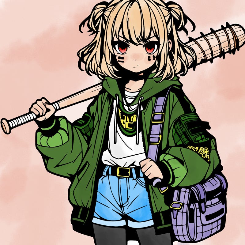 an anime girl with a baseball bat and streetwear