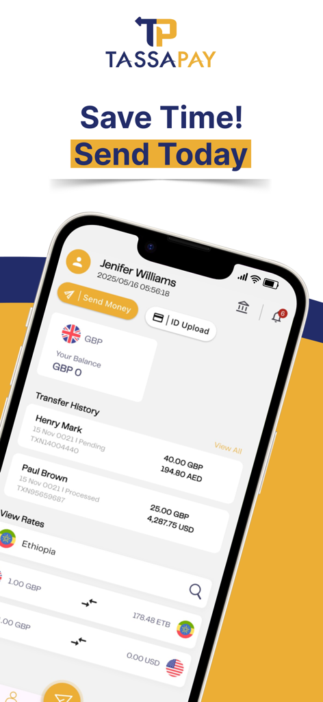 Tassapay - Tassapay mobile app dashboard displaying international transfer history and currency exchange rates