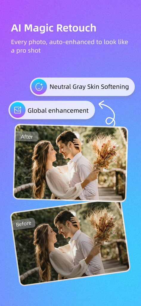 Before and after comparison of AI photo enhancement and skin softening on a wedding portrait