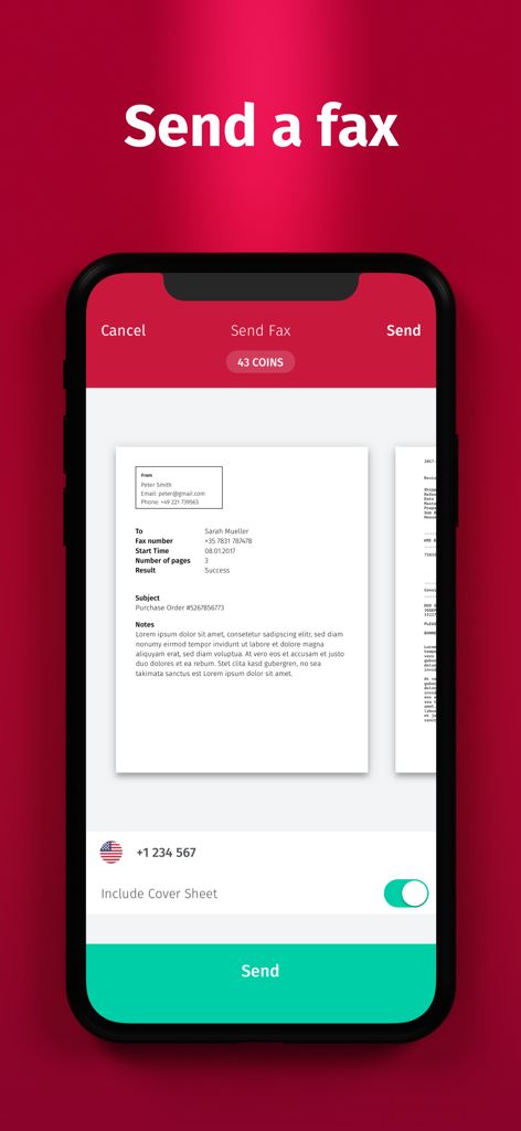 Interface de l'application mobile SwiftScan Pro montrant la fonctionnalité d'envoi de fax avec un aperçu du document et un bouton d'envoi