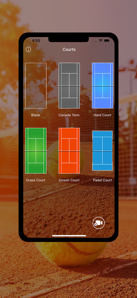 TennisCourt - TennisCourt app interface showing selection for hard grass smash and padel court layouts