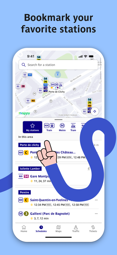 お気に入りの交通駅をブックマークし、リアルタイムの時刻表を表示するためのBonjour RATPアプリのインターフェース