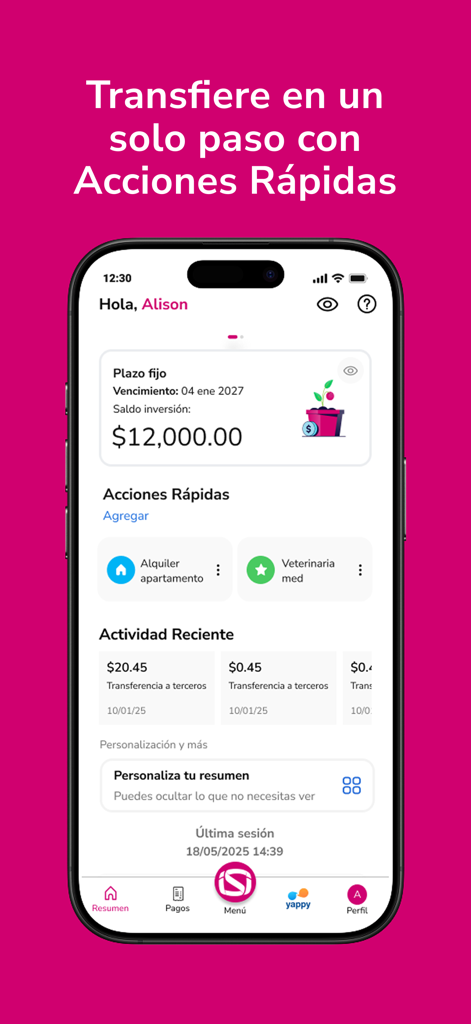 Banisi - Dashboard of Banisi mobile banking app displaying account balance and quick action buttons