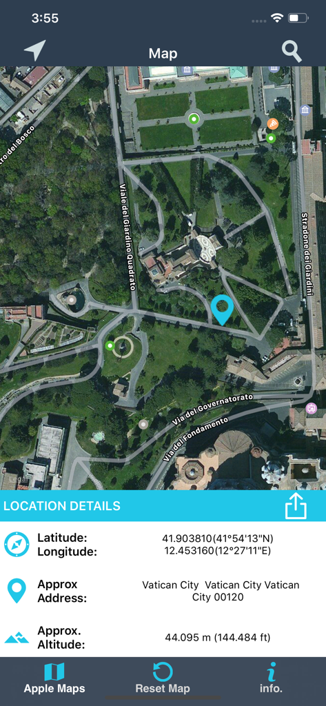 Find My Location details - Find My Location app screenshot showing latitude longitude altitude and satellite map view