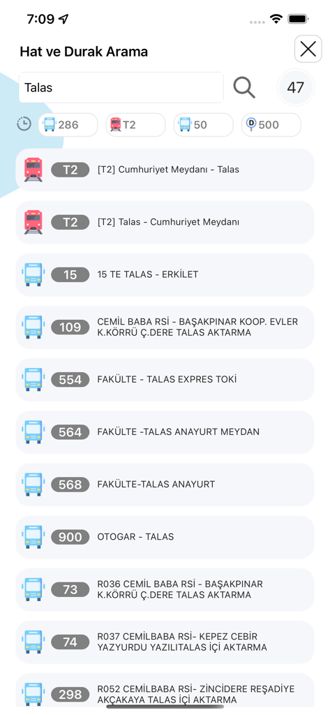 KBB Trafik - Interfaccia dell'app KBB Trafik che mostra i risultati della ricerca per le linee di autobus e tram a Kayseri