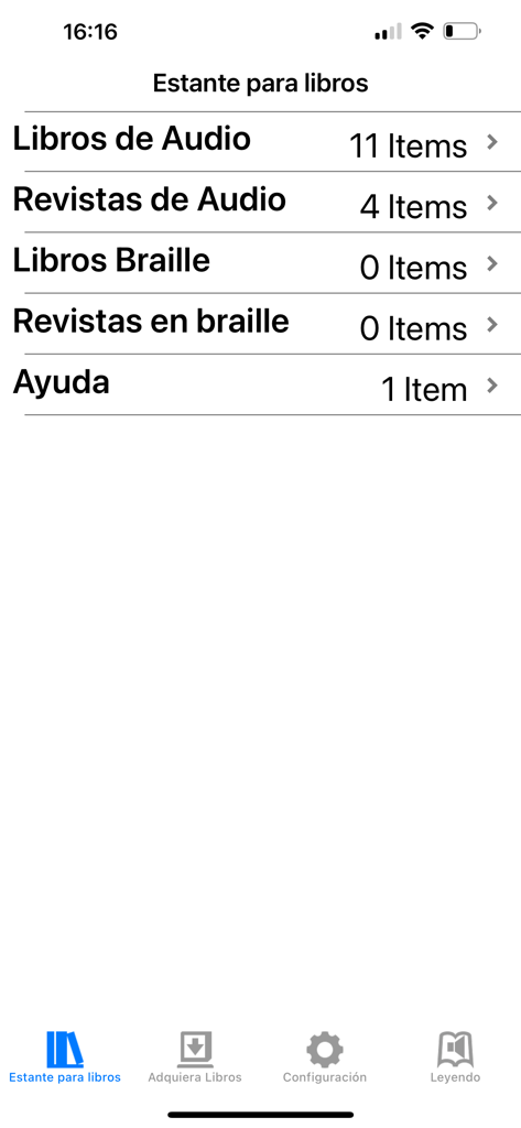BARD Mobile - BARD Mobile app bookshelf screen in Spanish listing audiobooks and braille titles