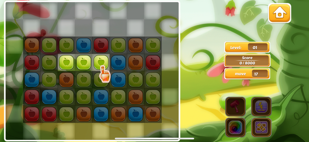 와이파이 없이 오프라인 게임 컬렉션의 밝은 색상의 과일 아이콘이 있는 매칭 퍼즐 게임 인터페이스