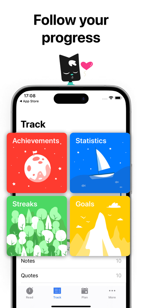 Leio - Leio app interface showing a dashboard to track reading progress with tiles for achievements statistics streaks and goals