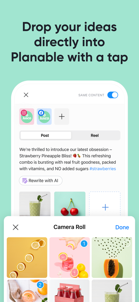 Planable: social media planner - AI書き換えオプションとカメラロール選択を備えたソーシャルメディア投稿作成を示すPlanableモバイルアプリのインターフェース