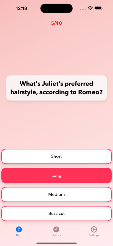 Ein Beziehungsquiz-Fragenbildschirm in der MyLove Liebestester App, der nach der bevorzugten Frisur eines Partners fragt.