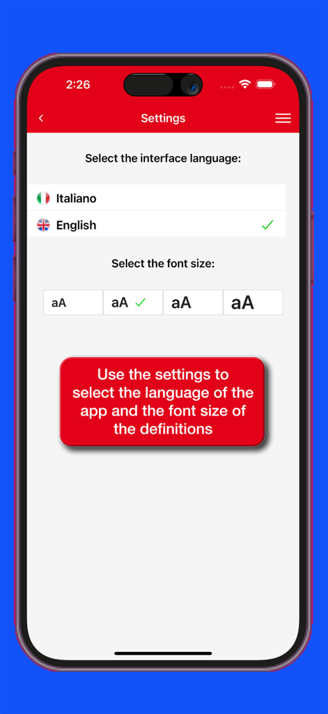 Marolli Technical Dictionary - Settings screen of the Marolli Technical Dictionary app showing interface language and font size options