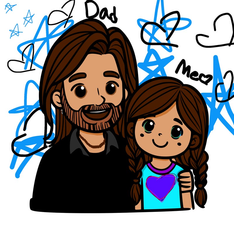 a dad that has long hair but not too long and a 8 year old daughter