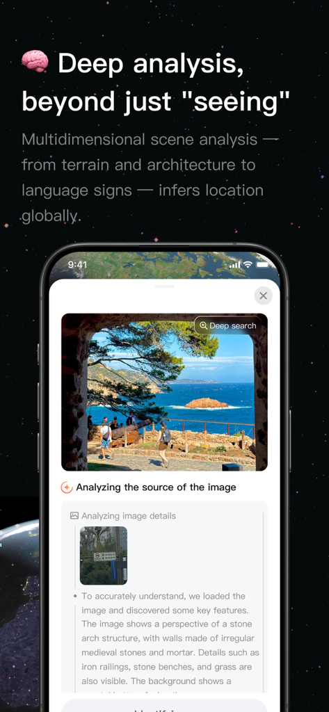 GeoSeek.ai mobile app interface performing a deep analysis of a photo to determine its geographical location