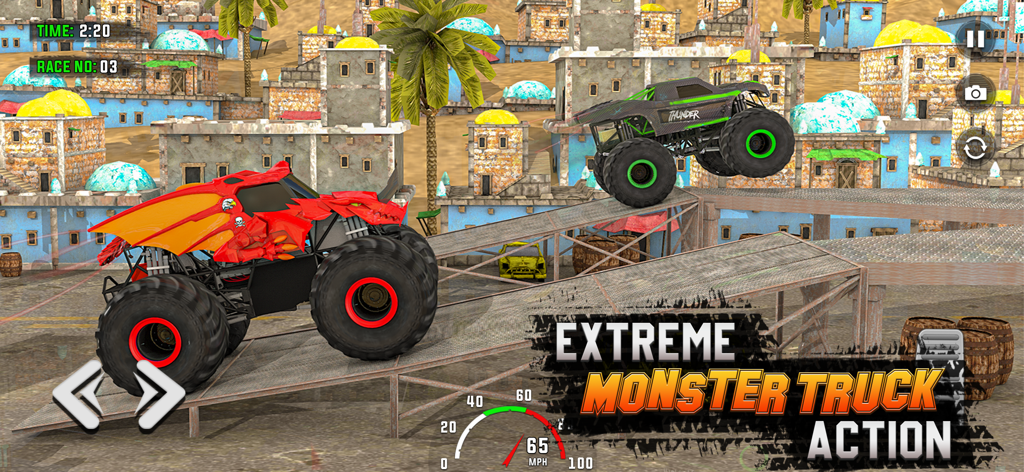 Monster Truck: Drag Race Clash - Dos monster trucks compitiendo y saltando en rampas en un entorno de ciudad desértica