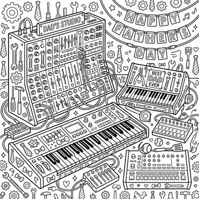Dive into Dad's dream studio with this awesome Father's Day coloring page, packed with cool synthesizers and musical gear. It's the perfect way to show appreciation for your music-loving father.