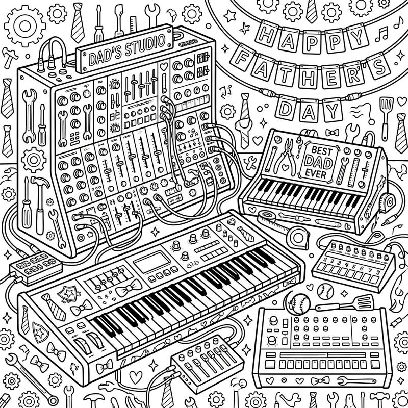 Dive into Dad's dream studio with this awesome Father's Day coloring page, packed with cool synthesizers and musical gear. It's the perfect way to show appreciation for your music-loving father.
