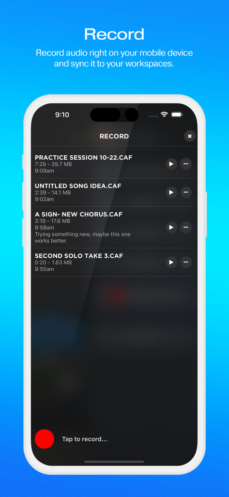 MyPreSonus - 保存されたオーディオファイルのリストと赤い録音ボタンを表示するMyPreSonusアプリのモバイル録音画面インターフェース