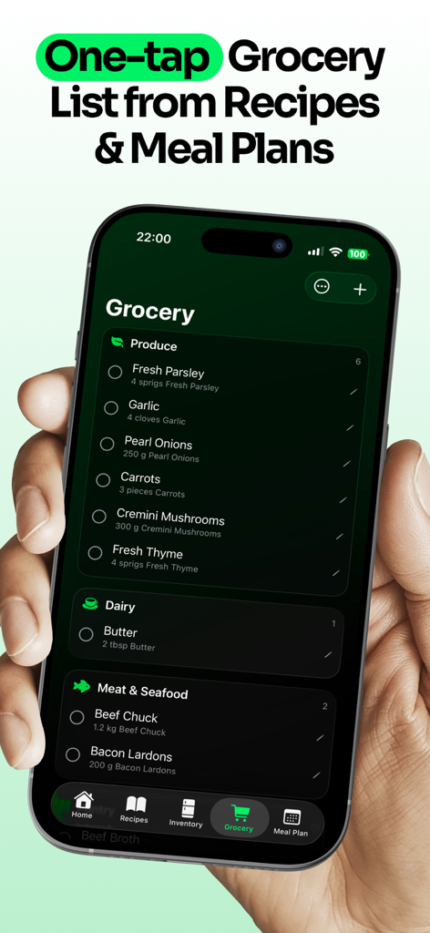 Una pantalla de smartphone mostrando una lista de compras organizada por categorías como productos frescos, lácteos y carne en la aplicación Vule.