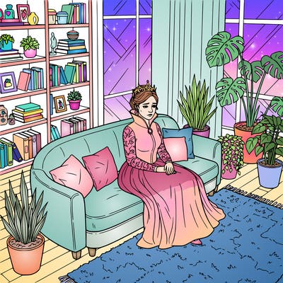 a queen sitting on a therapy couch in a beautifully designed office, crown slightly tilted, thoughtful expression, cozy modern interior, plants and bookshelves, detailed line art for coloring