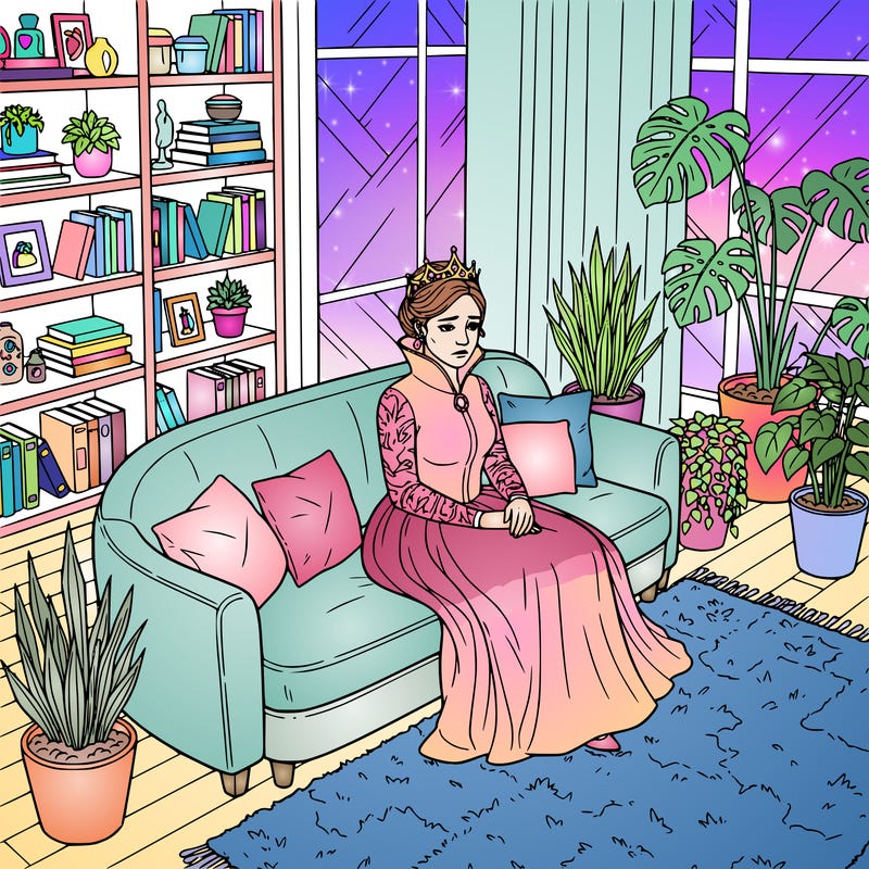 a queen sitting on a therapy couch in a beautifully designed office, crown slightly tilted, thoughtful expression, cozy modern interior, plants and bookshelves, detailed line art for coloring