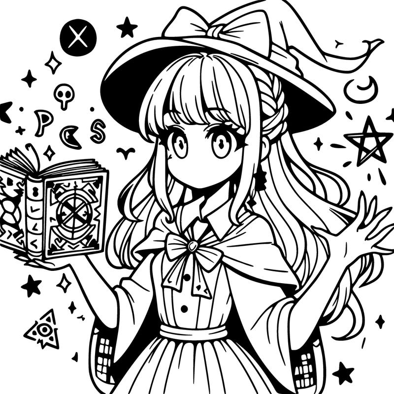 pretty manga witch with a spell book with runes floating around her and strange symbols on the book
