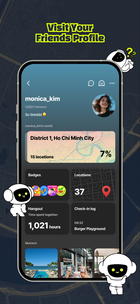 Lalatok: Map-Based Social App - Interfaz de la aplicación móvil Lalatok que muestra el perfil de un usuario con estadísticas de ubicación, insignias sociales y momentos fotográficos.