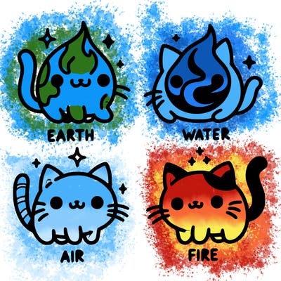 4 cats that represent the different elements, earth, water, air, and fire