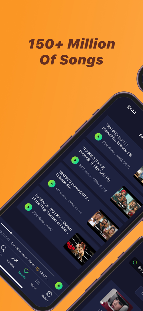Interfaz de la aplicación Player GR que muestra una lista de música y vídeos con más de 150 millones de canciones disponibles