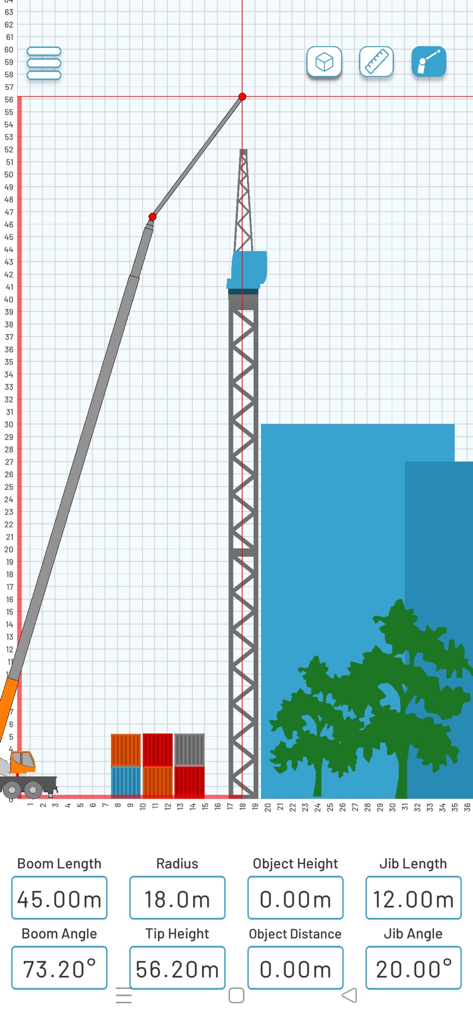 Crangle - Interface of the Crangle app showing a crane lift simulation with boom and jib measurements on a grid