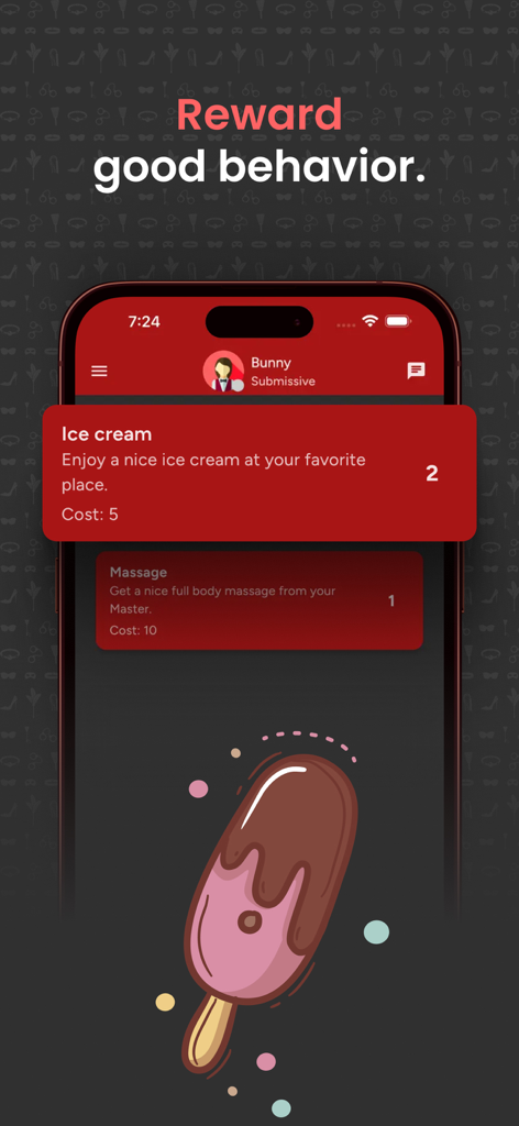 Obedience app interface displaying a rewards screen for good behavior with options for ice cream and massages