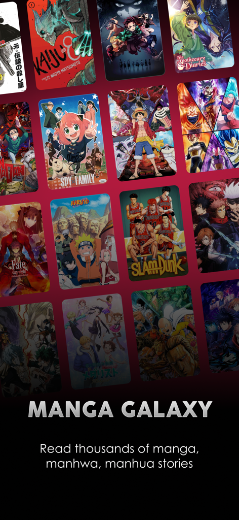 Manga Galaxy app screen showing a library of manga and manhwa covers