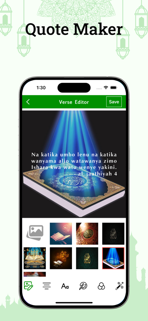 Swahili Quran - Swahili Quran app verse editor and quote maker feature on an iPhone screen showing background options and spiritual text.