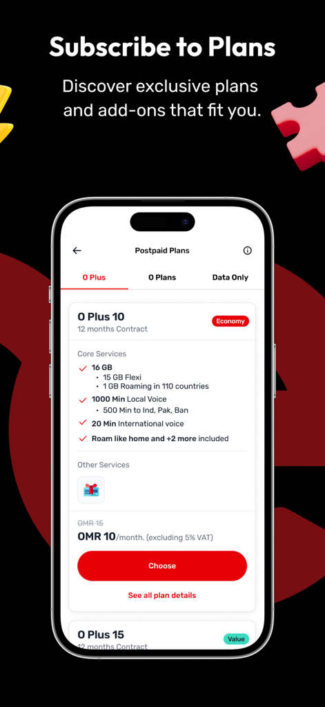 Ooredoo Oman - Ooredoo Oman Mobile App zeigt Abonnementoptionen für Postpaid-Tarife