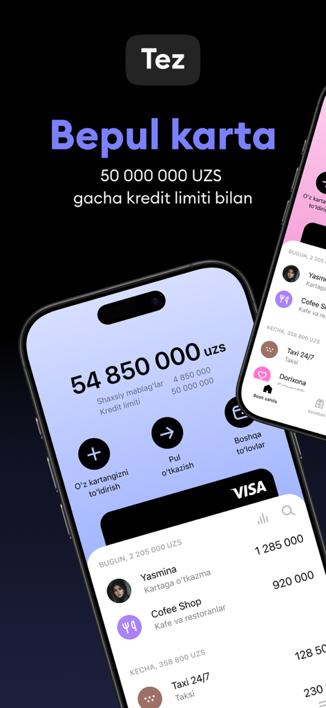 Tez mobile banking app interface showing account balance, credit card limit, and transaction history on an iPhone.