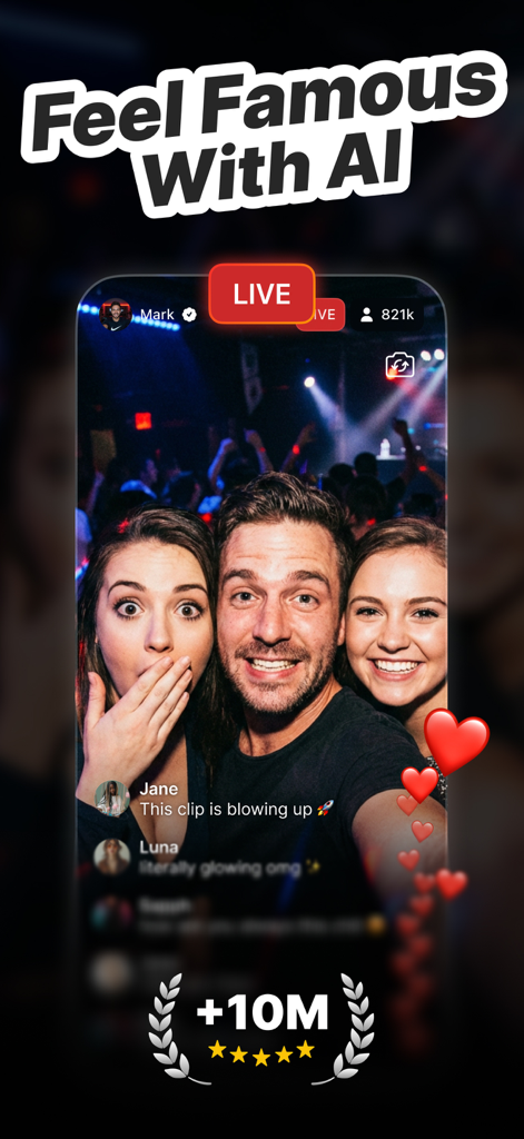 Uma interface de transmissão ao vivo simulada no aplicativo Famefy mostrando três amigos com contagens de espectadores e comentários gerados por IA