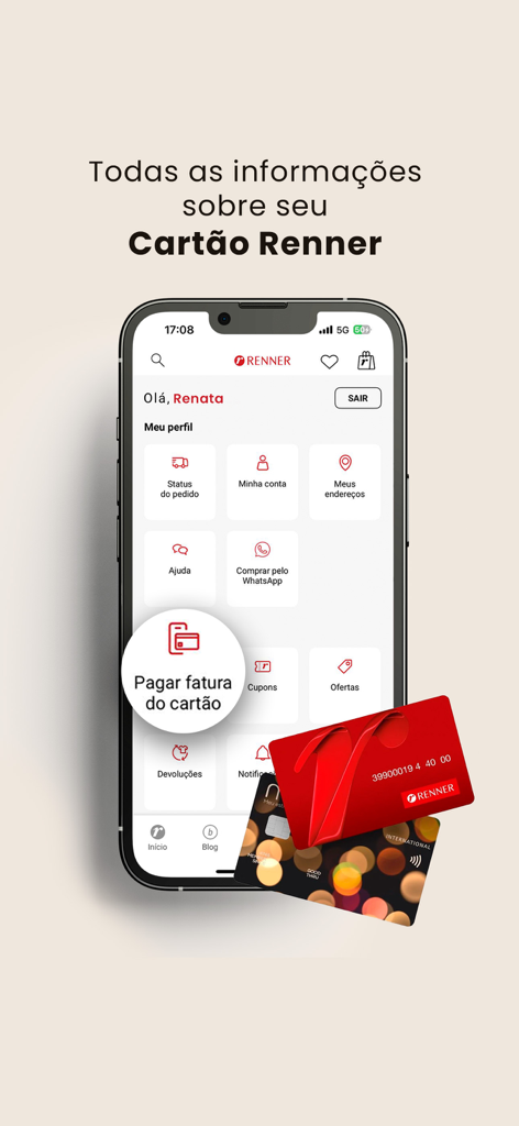 Lojas Renner app profile screen showing account management and store card payment options