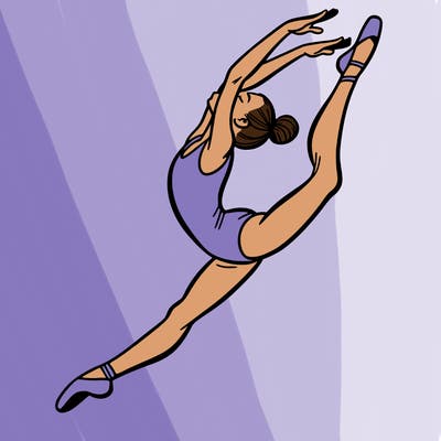 gymnast doing a leap in a leotard with a bent back leg