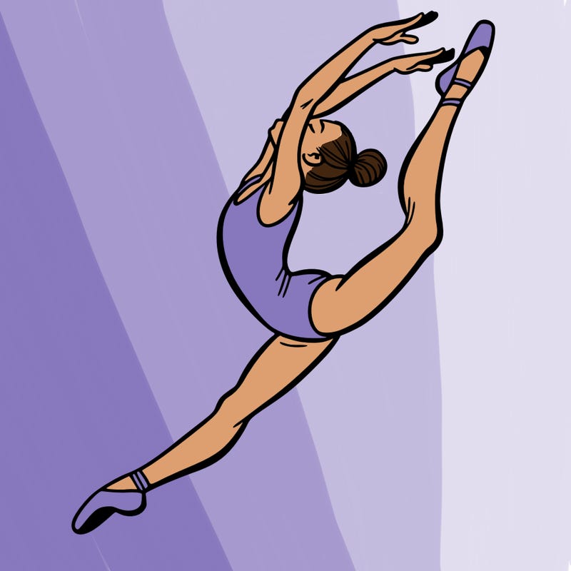 gymnast doing a leap in a leotard with a bent back leg