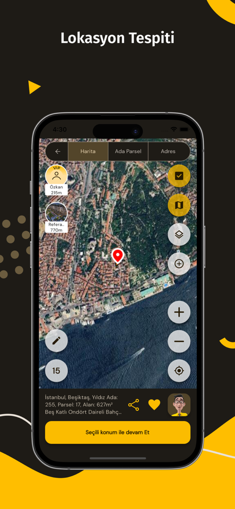 Capture d'écran de l'application mobile Tapusor montrant une interface de carte satellite pour identifier les emplacements des propriétés et les données de parcelle à Istanbul.