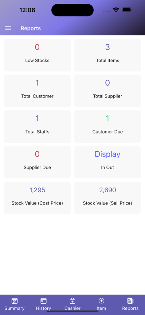 Ez POS - Online Cashier App - Business reports dashboard in the Ez POS app displaying stock levels and inventory value