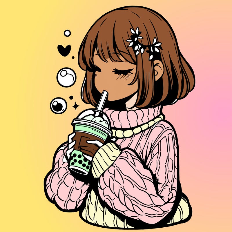 manga girl drinking boba in cozy sweater