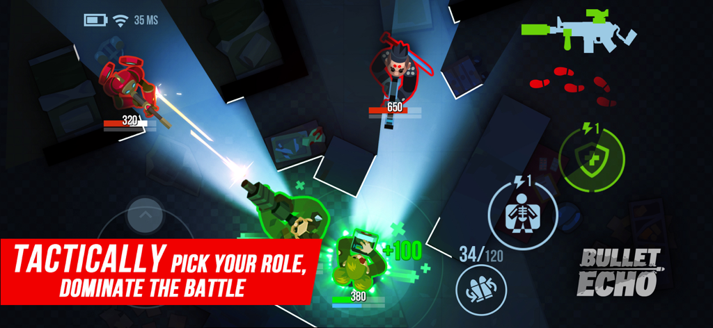 Top-down view of a tactical PvP battle in Bullet Echo showing characters using flashlights and special abilities in a dark environment.