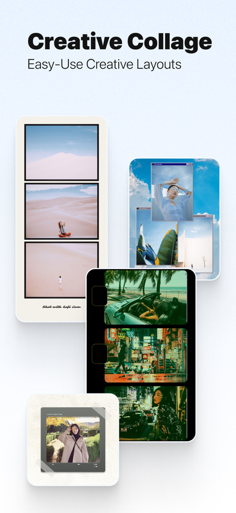 Plantillas de collage de fotos retro y diseños creativos de estilo de película de la aplicación LoFi Cam.
