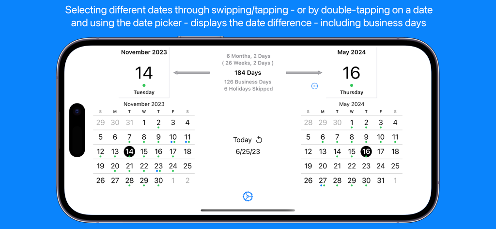 Time Jump - Date Calculator - Interfaz de doble calendario de la aplicación Time Jump que muestra la diferencia de fechas y los cálculos de días hábiles entre noviembre de 2023 y mayo de 2024